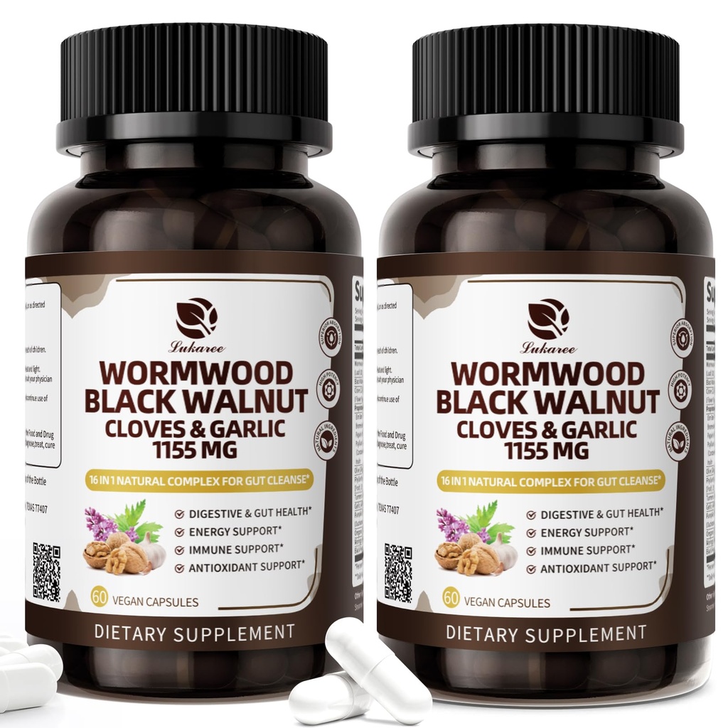 Lukaree 16-in-1 Wormwood Black Walnut Clove Cleanse for Humans – Natural Gut Detox & Digestive Health with Pumpkin Seeds Garlic Oregano Turmeric, Liposomal Tech 98% Absorption, Vegan Capsules 1155mg