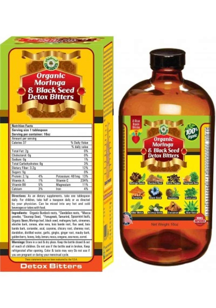 Organic Moringa Black Seed Bitters Total Blood Respiratory System Detoxification 16 OZ Bottle