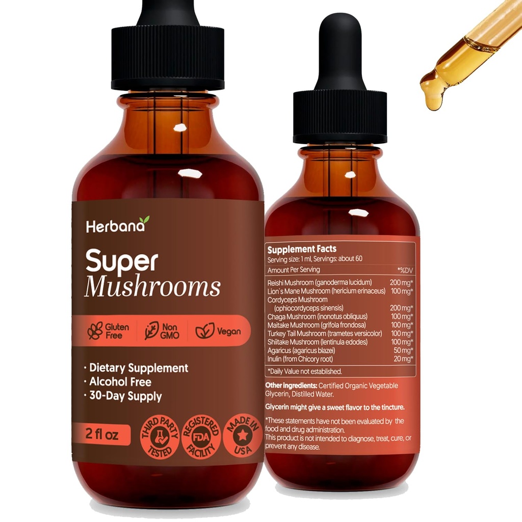 HERBANA MANUFACTURING Super Mushroom Complex Liquid 8 Mushroom Blend Lion Mane Reishi Cordyceps Chaga Maitake Turkey Tail Shiitake Immune Support Drops Alcohol Free Vegan 2 fl oz