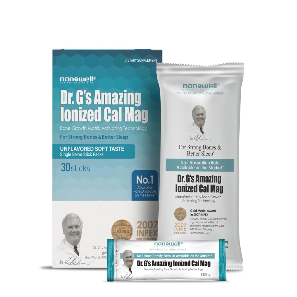 Dr. G's Amazing Ionized Cal Mag Powder, Dietary Supplement for Bone Density Increase, Calcium & Magnesium 2:1 Ratio - 30 Sticks, 30 Day Supply