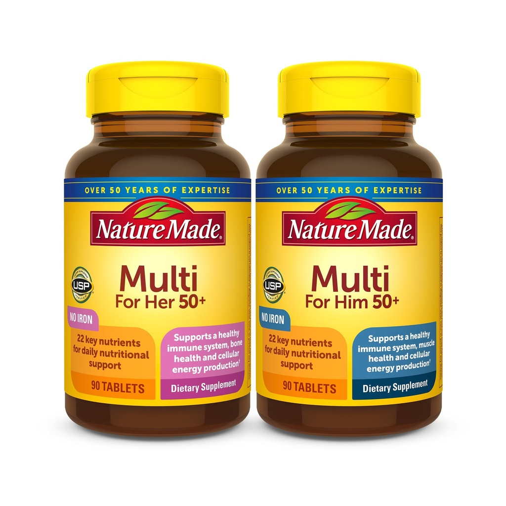 Nature Made Multivitamin 50+ His & Hers Combo Pack, Mens and Womens Multivitamin with Vitamin C, Vitamin D3, B Vitamins, Zinc & More, Two Multivitamin Bottles