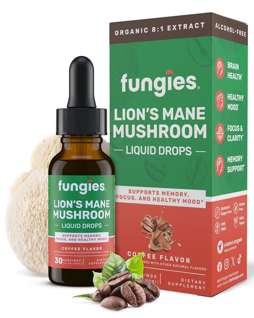 Fungies Lion's Mane Mushroom Liquid Drops, Coffee - Tincture with Lions Mane Extract Supports Brain Fog, Focus, Memory & Healthy Mood - Mushroom Complex Supplement for Adults - 30 Servings
