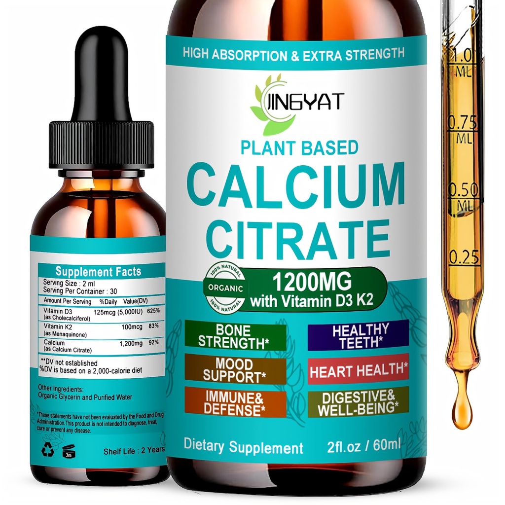 Calcium Supplements for Women Liquid Drops, High Absorption Calcium 1200mg with Vitamin D3 K2 for Bone and Teeth Support, Calcium Citrate Drops - Immune Support, Non-GMO, 30 Servings