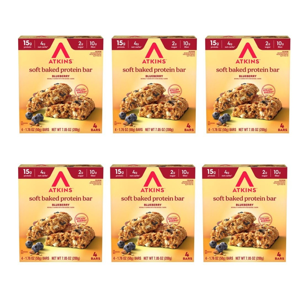 Atkins Soft Baked Protein Bars, Blueberry, 15g Protein, 4g Net Carbs, 2g Sugar, Excellent Source of Fiber, High in Protein, 6 Packs (4 Bars Each)