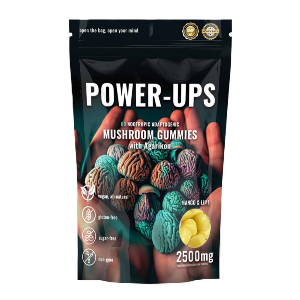 Mushroom Gummies Nootropic Adaptogenic with Agarikon, Mango & Lime Flavor, Vegan, Gluten-Free, Sugar-Free, Non-GMO, 10x Mushrooms, Focus, Energy, Mental Clarity, Lion's Mane, Reishi, Chaga
