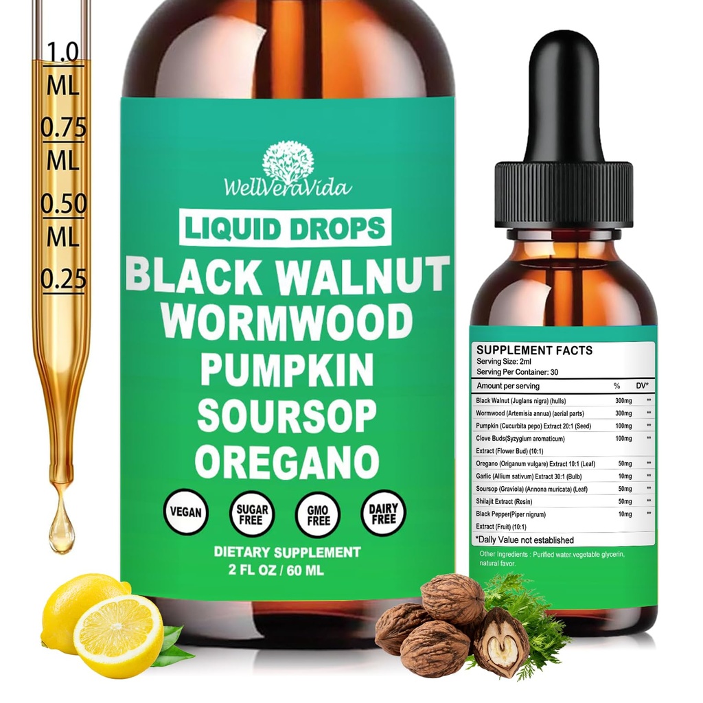 Liposomal Wormwood Black Walnut Clove Cleanse for Humans Drops, Organic 9-in-1 Herbal Extract Hull Supplement Plus Oregano, Soursop & Pumpkin Seed for Gut Detox & Digestive Health丨Vegan,30 Days Supply