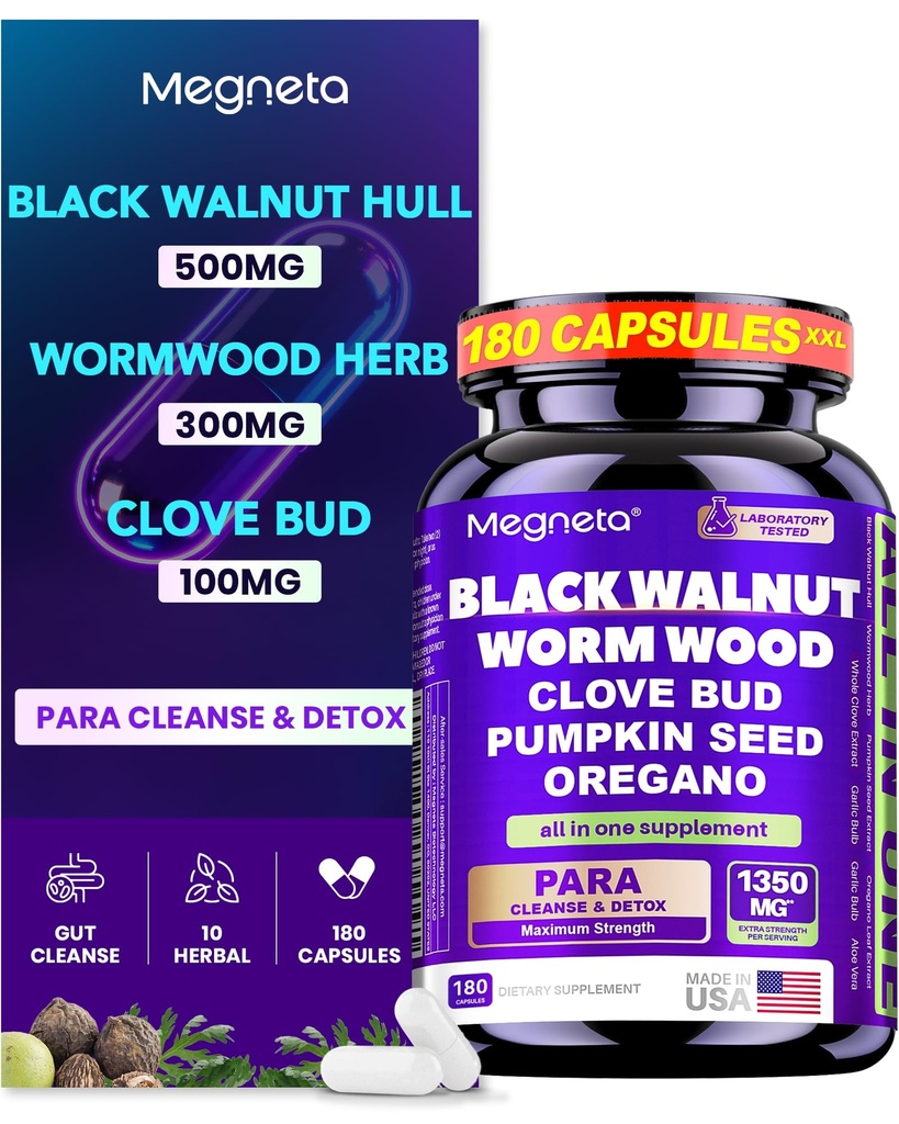 Wormwood Black Walnut Clove Cleanse for Humans, Intestinal Cleanse & Gut Detox with Pumpkin Seed & Oregano, Vegan Digestive Support for Adults, 180 Capsules