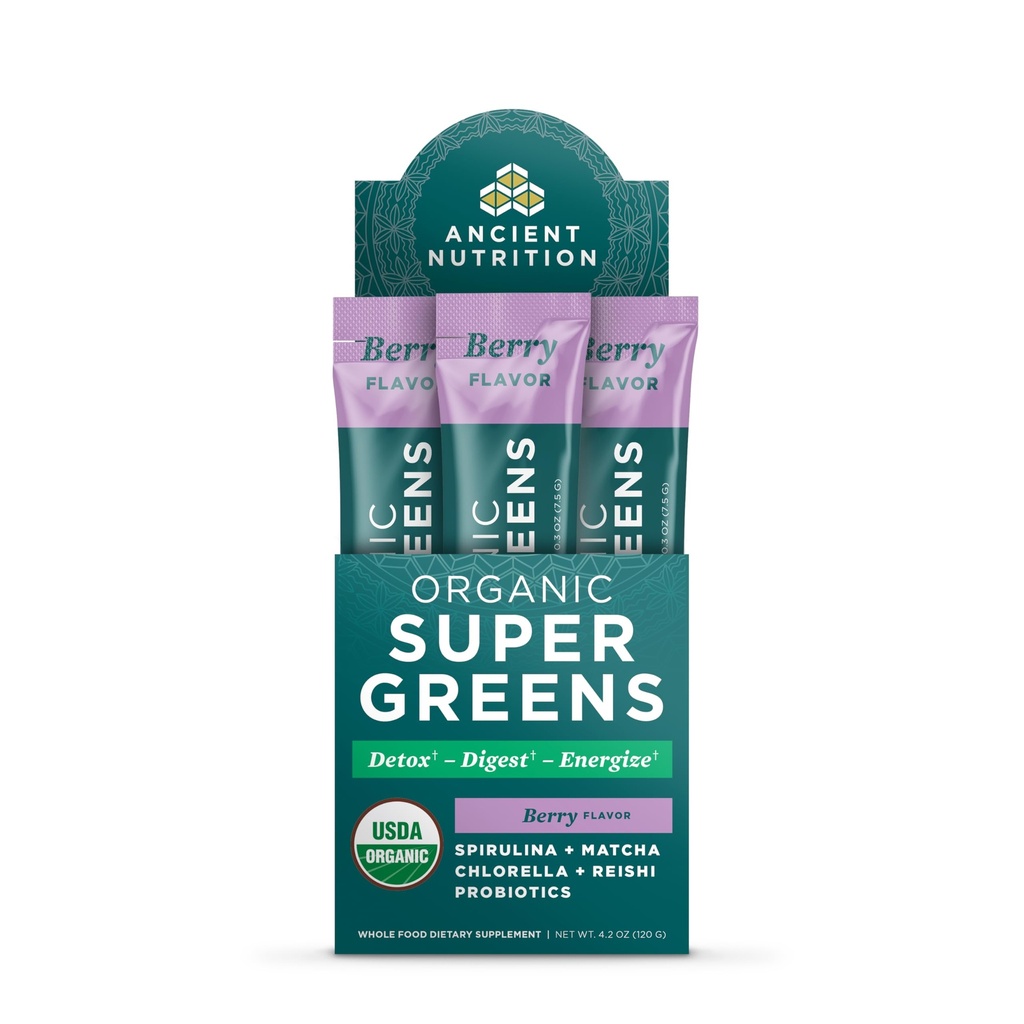 Ancient Nutrition SuperGreens Powder with Probiotics, Organic Berry Flavor Greens, Made from Real Fruits, Vegetables and Herbs, Digestive and Energy Support, 16 Stick Packs, 4.2oz