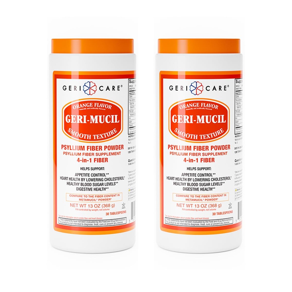 GeriCare Geri-Mucil Psyllium| 4-In-1 Orange-Flavor Psyllium Husk Powder| Daily Fiber Supplement| Sweetened Gluten-Free Fiber Drink Mix| Water-Soluble Husk Fiber Powder For Bowel Movement|13oz (2 Pack)
