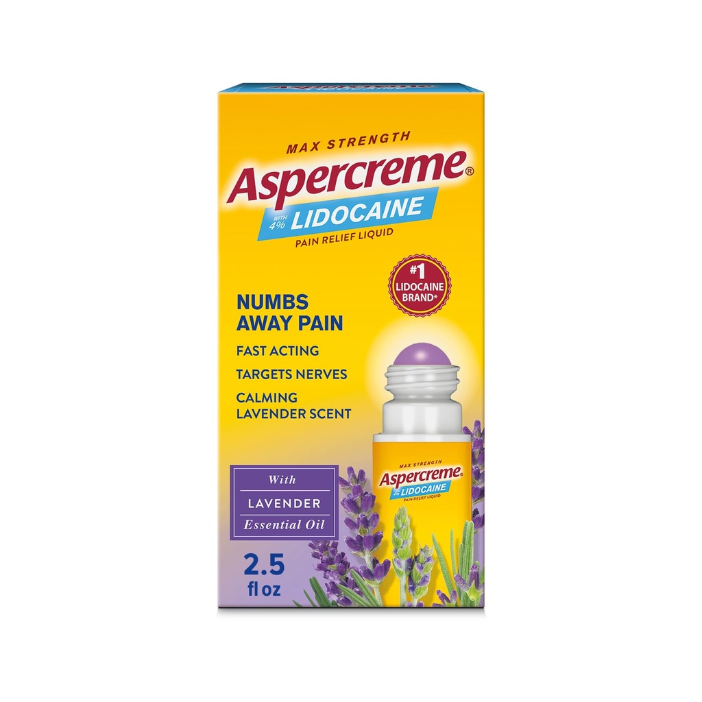 Aspercreme Essential Oils Lidocaine Pain Relief with No-Mess Roll-On Applicator, Max-Strength Lidocaine Numbs Away Nerve Pain, Moisturizing Aloe Hydrates Skin, Lavender, 2.5 Oz.