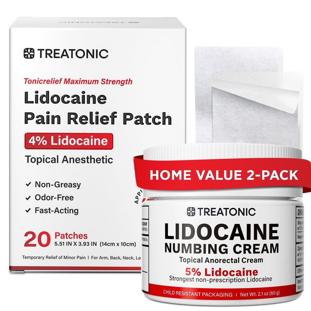 Treatonic Lidocaine Numbing Cream & Patches Set: 5% Lidocaine Cream (2.1oz) + 4% Patches (20PCS) - Maximum Strength Topical Anesthetic for Pain Relief, Itching, Burning, Soreness, Hemorrhoid