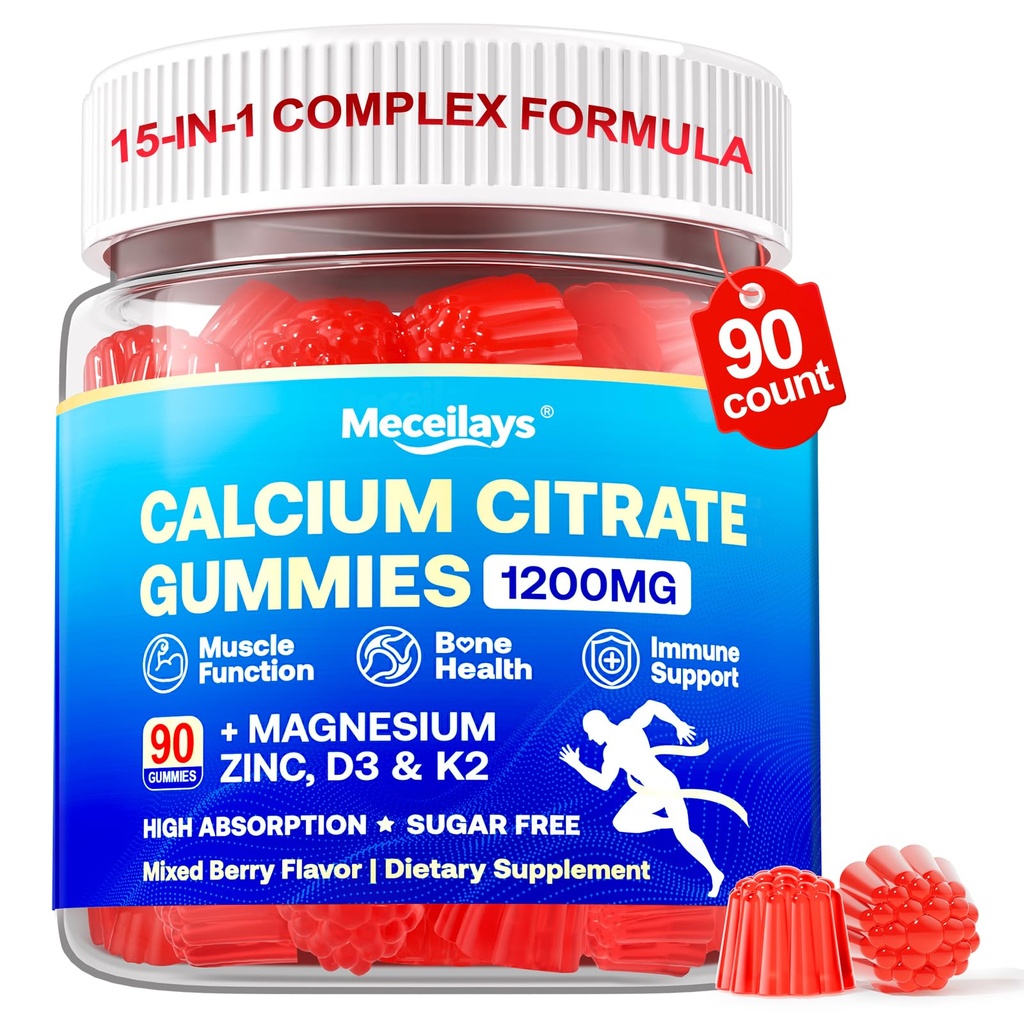 90 Count Calcium Citrate Gummies 1200 mg with Vitamin D3, K2, Magnesium & Zinc, High Absorption Calcium Supplements for Women & Men for B0ne, Muscle & Immune Support, Sugar Free, Mixed Berry Flavor