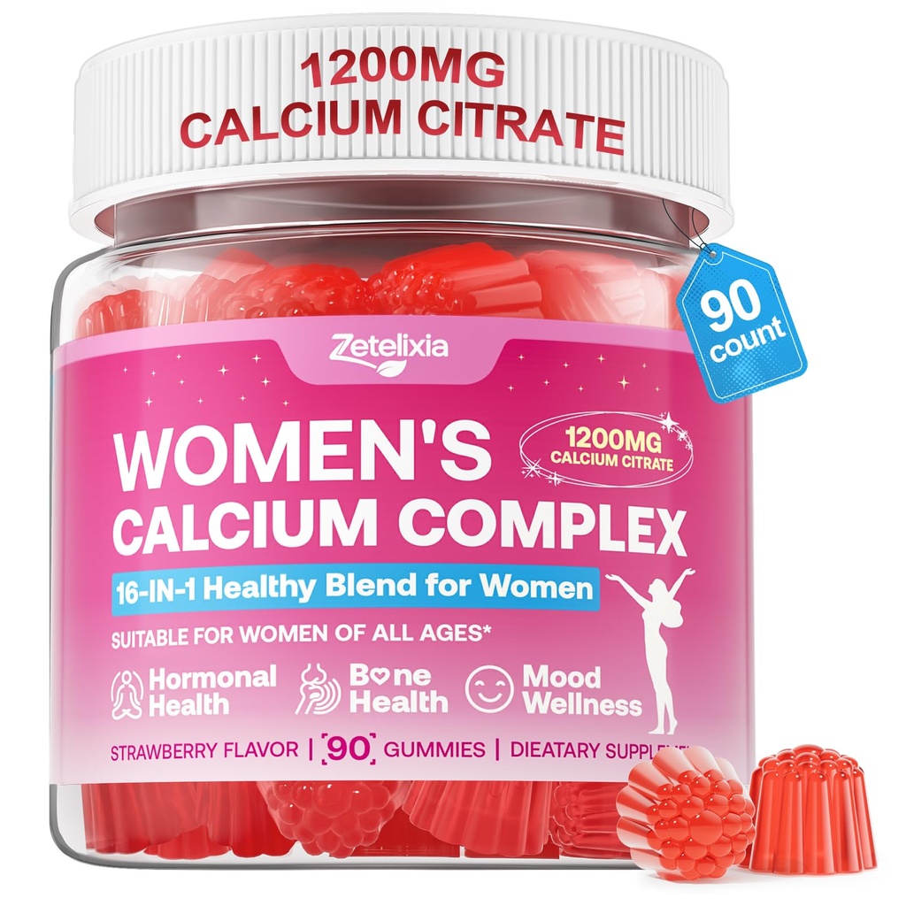 Calcium Gummies for Women, Calcium Citrate 1200mg with Vitamin D3 K2, Collagen & Biotin, B0ne, Teeth, Immune & Hormone Support, Sugar Free, Non-GMO, Gluten-Free, Strawberry Flavor, 90 Count