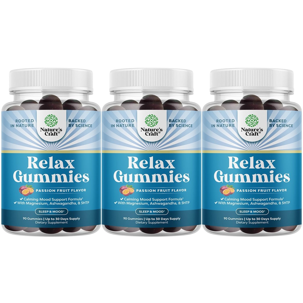 Natures Craft Calming Gummies for Adults with Ashwagandha and Magnesium - Relaxing Stress Gummies with L Theanine 5HTP and Lemon Balm Extract - Adaptogenic Chamomile Extract Vitamin B6 270 Count