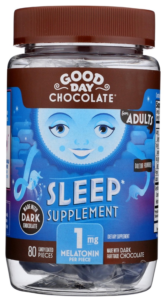 Good Day Dark Chocolate Melatonin for Adults [ 80 Count ] - Fair Trade Non-GMO Dark Milk Chocolate with Chamomile and Melatonin 1 mg - Adult Melatonin, Adult Natural Sleep Aid Supplement