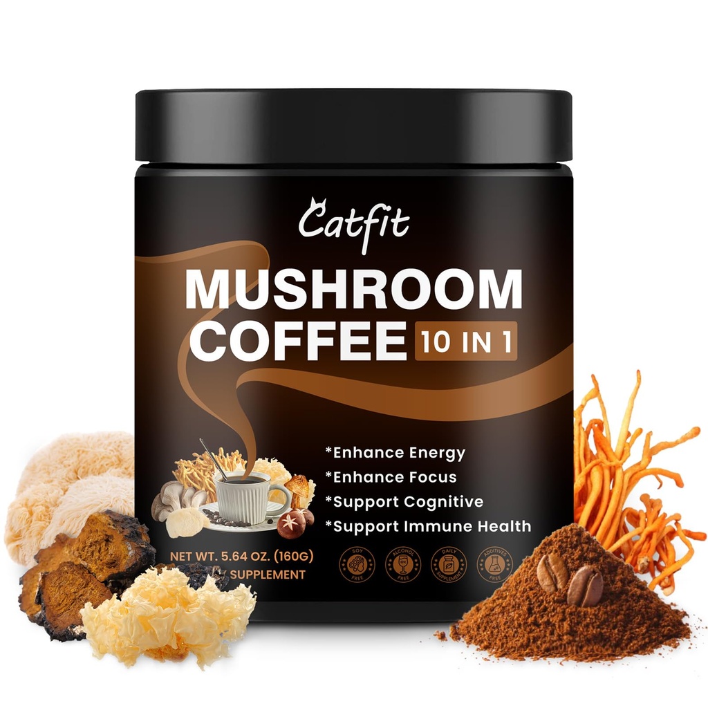 Catfit Instant Mushroom Coffee Powder, 10-in-1 Adaptogen Blend with Lion's Mane, Chaga & Cordyceps for Energy, Focus, Gut Health & Immune Support - 160g, 50 Servings