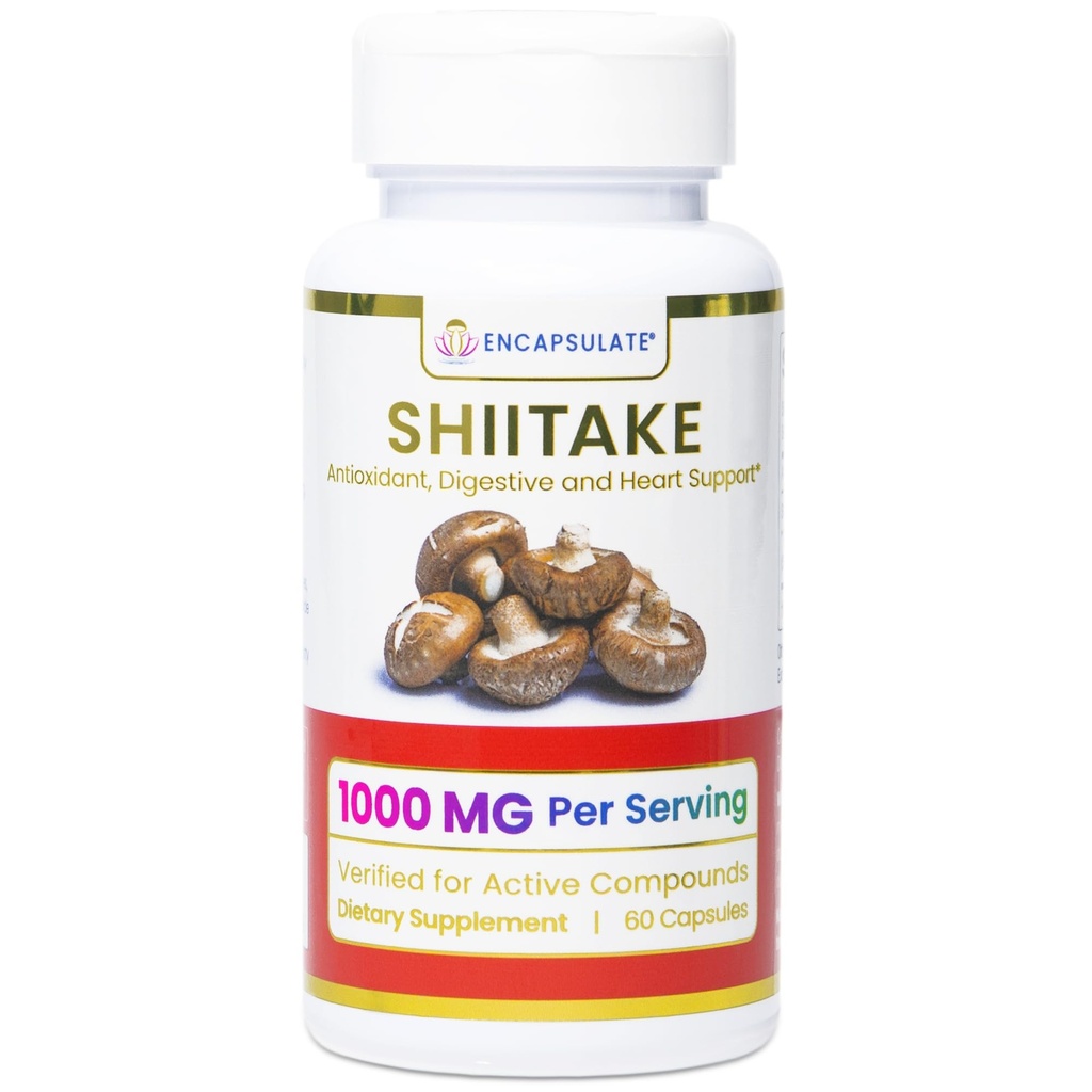 ENCAPSULATE Shiitake Capsules 8:1 Extract – Premium Organic Fruiting Body 8:1 Extract – Adaptogen Mushroom Supplement for Heart Health, Vitality, Antioxidant & Immune Support – 60 Vegan Capsules