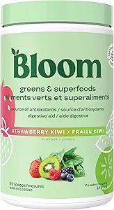Bloom Nutrition Superfood Greens Powder, Digestive Enzymes with Probiotics and Prebiotics, Gut Health, Bloating Relief for Women, Chlorella, Juice Mix with Beet Root Powder, 25 SVG, Strawberry Kiwi