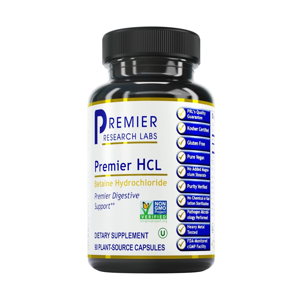 Premier Research Labs Premier HCL - Betaine HCL, Betaine Hydrochloride Supplement for Optimal Digestive Function, Nutrient Absorption, Betaine-HCL for Low Stomach Acid- 90 Vegetarian Capsules