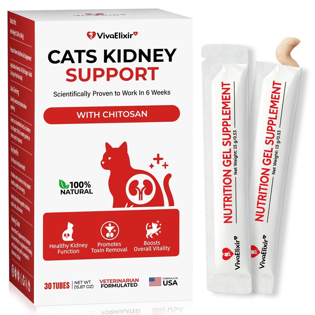 Cat Kidney Support Chitosan & L-Lysine – Boosts Kidney Health & Function, Promotes Toxin Removal, Restores Kidney Function, Enhances Vitality – Natural Ingredients for Cats – 30 Tubes