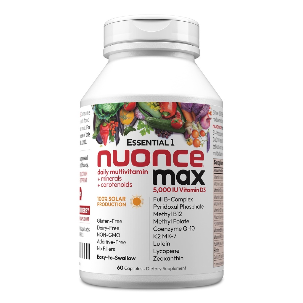 ANDREW LESSMAN Essential-1 nuonce max Multivitamin 5000 IU Vitamin D3 60 Small Capsules. 100 mcg Methyl B12. CoQ10 Lutein Lycopene Zeaxanthin. High Potency. No Additives. Ultra-Mild One Daily Capsule