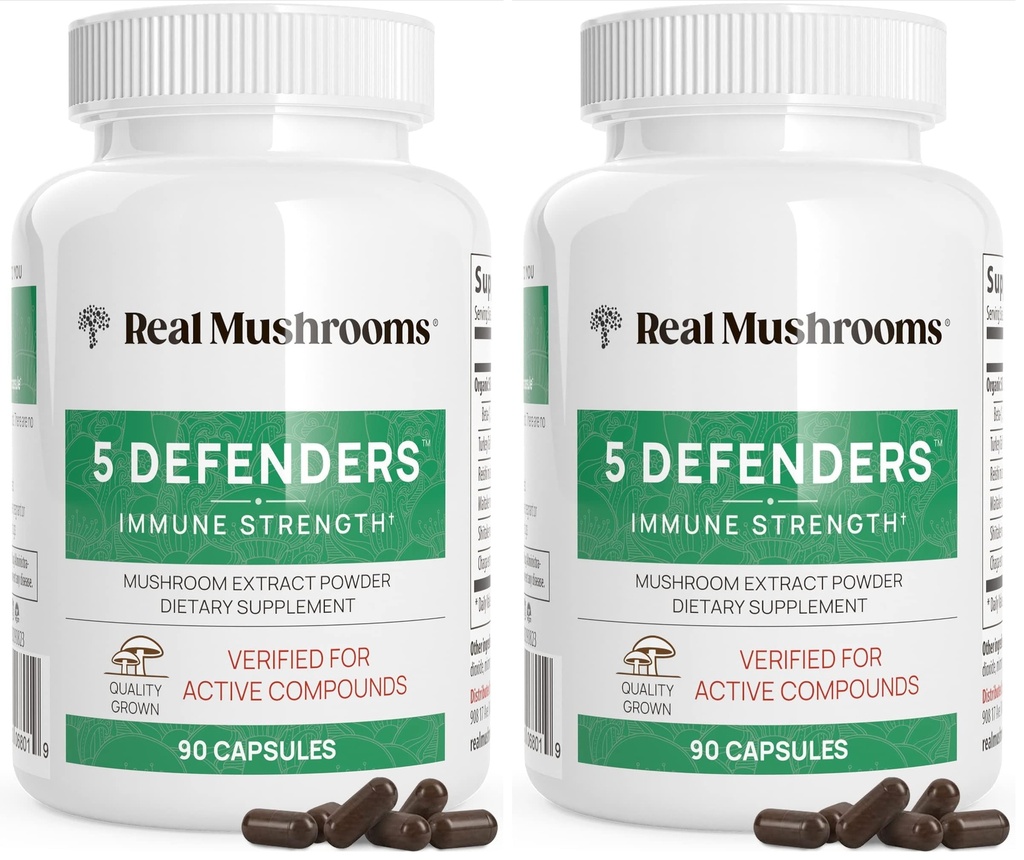 Real Mushrooms 5 Defenders - Adaptogenic Mushrooms Complex with Chaga, Reishi, Turkey Tail, Maitake & Shiitake for Wellness Support - Mushroom Beta Glucan Capsules - 90 Count (Pack of 2)