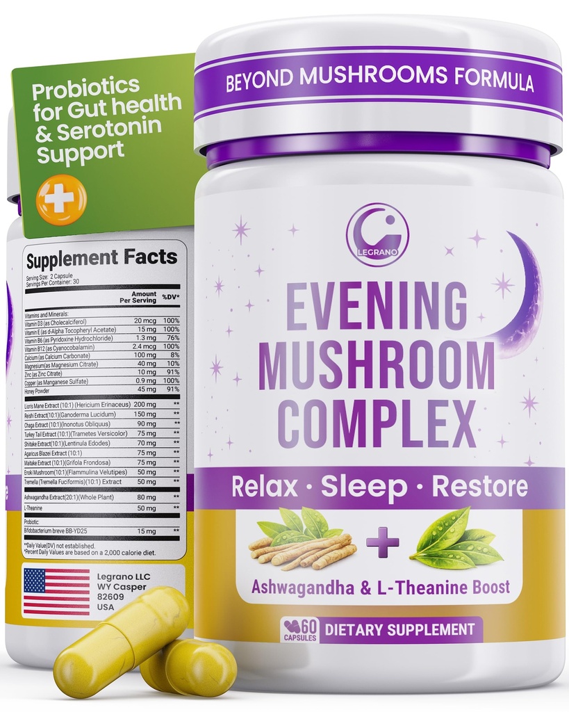 LEGRANO Premium Evening Mushroom Supplement Capsules with Lion’s Mane, Reishi Mushroom, Turkey Tail, Chaga, Ashwagandha, L-Theanine, Vitamins & Minerals – Adaptogenic Mushrooms for Relaxation & Sleep