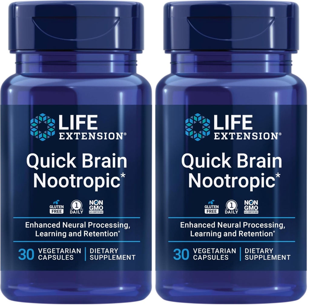 Life Extension Quick Brain Nootropic, Fast Thinking, Learning, Concentration, Lutein, zeaxanthin, gotu kola, bacopa, Gluten Free, Non-GMO, Vegetarian, 1 Daily, 30 Capsules, (Pack of 2)