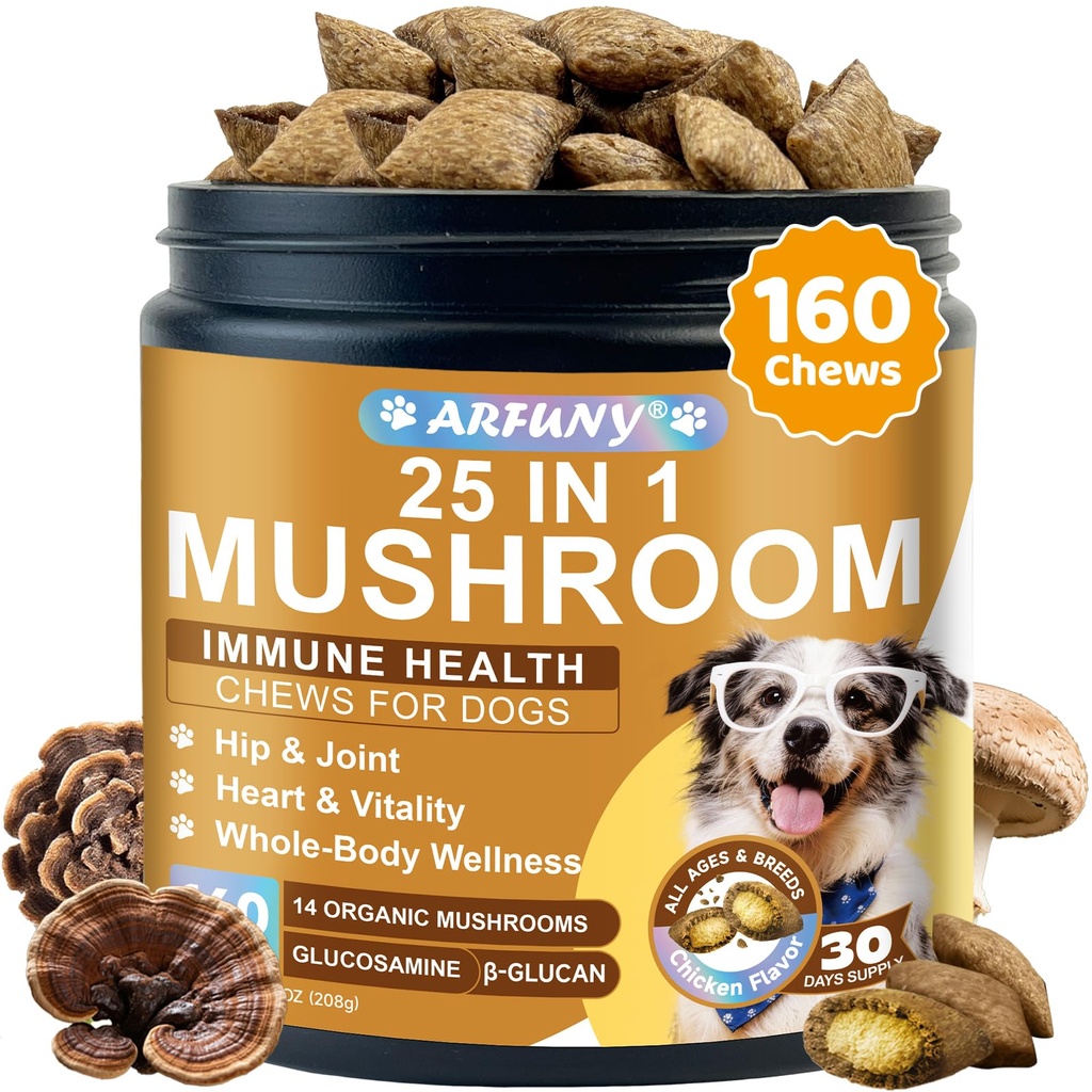 Mushroom Chews for Dogs - Turkey Tail Mushroom for Dogs Lumps & Bumps - Gut, Hip, Joint, Skin, Coat, Immune Health - 14 Organic Mushrooms Turkey Tail, Reishi, Lions Mane, Glucosamine, MSM - 160 Chews