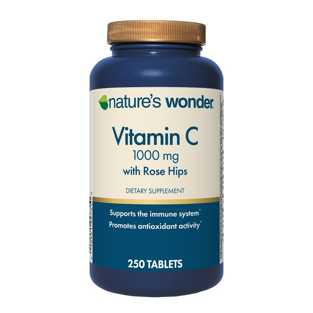 Nature's Wonder Vitamin C 1000mg with Rose Hips - High-Potency Vitamin C Supplement for Daily Immune & Antioxidant Support, Heart & Skin Health, Mood & Workout Recovery - Gluten-Free - 250 Tablets