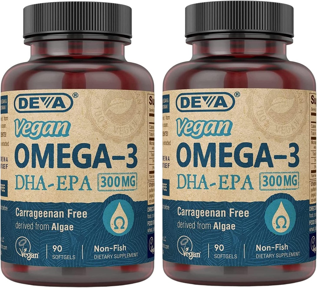 DEVA Vegan Omega-3 DHA-EPA 300MG 2-Pack – No Carrageenan, Non-Fish Oil Derived from Algae, Non-GMO, 90 Gelatin-Free Softgels Ea