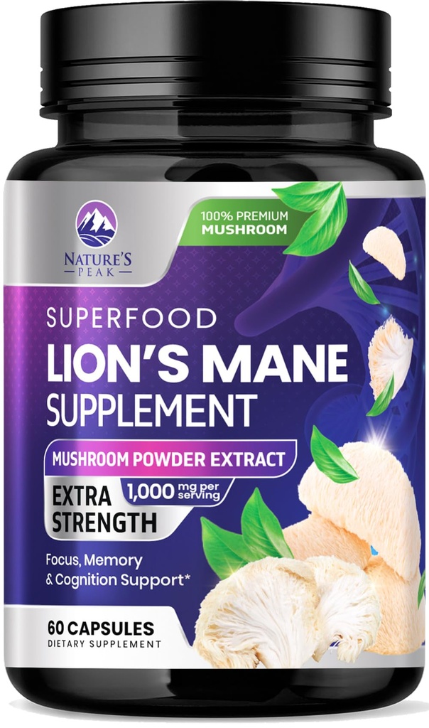 Lions Mane Supplement Capsules - Lions Mane 1000mg Per Serving - Extra Strength Lion’s Mane Mushroom - Superfood for Natural Memory, Focus, Brain, Immune Health Support - Bottled in USA - 60 Capsules