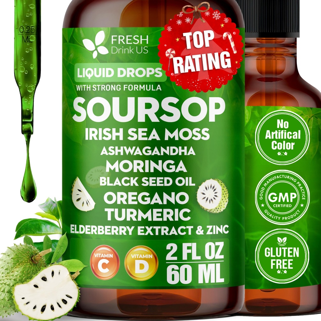 FRESHDRINKUS, Soursop Bitters Liquid Drops 10 in 1 with Sea Moss, Moringa, Turmeric, Black Seed Oil, Oregano, Ashwagandha | Concentrated Liquid Formula in Easy-Use Dropper Bottle, Non GMO, Vegan