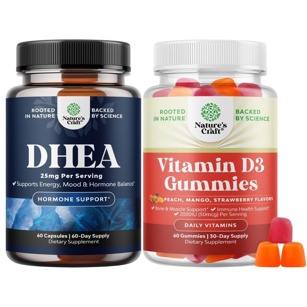 Bundle of DHEA Supplement for Hormone Balance, Mood Stability, Brain Function - Dehydroepiandrosterone and Vitamin D3 Gummies for Daily Wellness with 2000IU per Serving Bone Muscle & Immune Support
