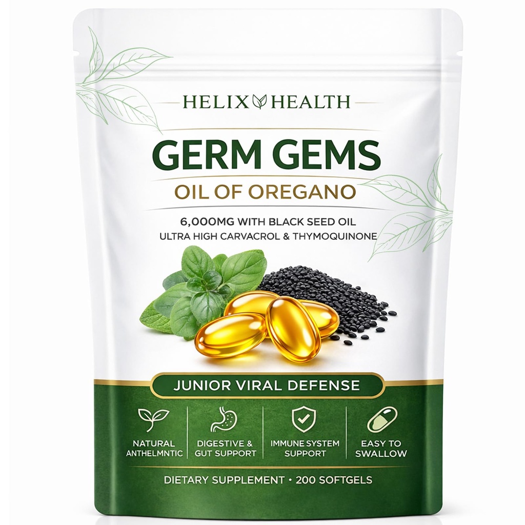 Helix Health Germ Gems Oil of Oregano Softgels with Black Seed Oil – 4X Strength Carvacrol & Thymoquinone for Immune & Digestive Support – 2-in-1 Formula, Plant Based, Non-GMO,200 Count