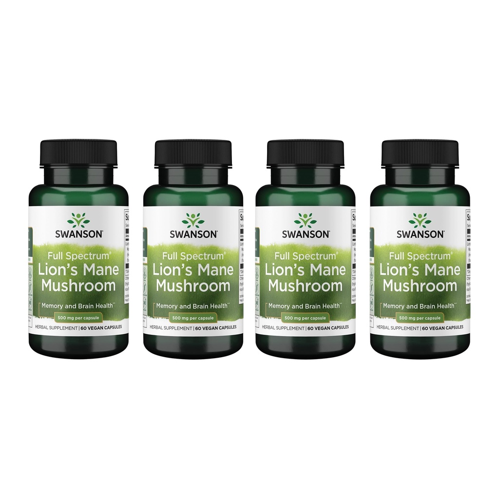 Swanson Lion's Mane Mushroom Brain Health Supplement for Professionals Seeking Mental Focus, Memory, and Clarity Support - 500 mg (60 Vegan Capsules, 4 Bottles, 4 Pack)
