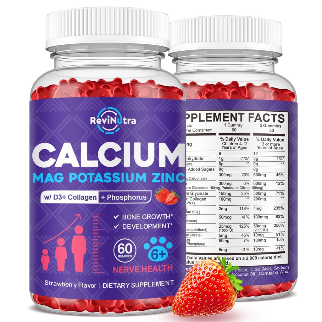 Calcium Potassium Magnesium Gummies for Kids & Adults, with Hydrolyzed Collagen, Zinc, Phosphorus, Multivitamin for Sleep, Bone Strength, Density Support, Sugar Free, Strawberry Flavor 60 Gummies