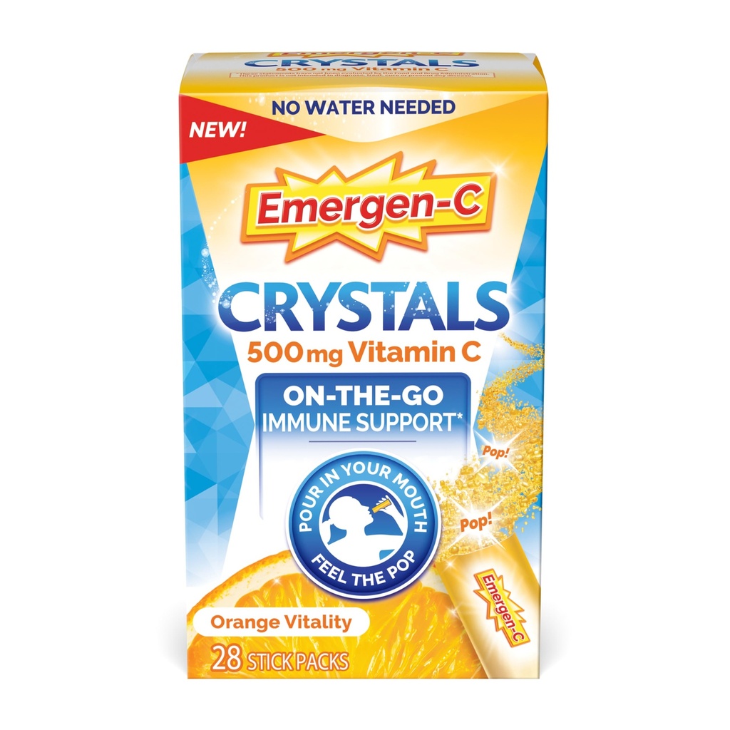 Emergen-C Crystals, On-the-Go Emergen-C Immune Support Supplement with Vitamin C, B Vitamins, Zinc and Manganese, Orange Vitality - 28 Stick Packs