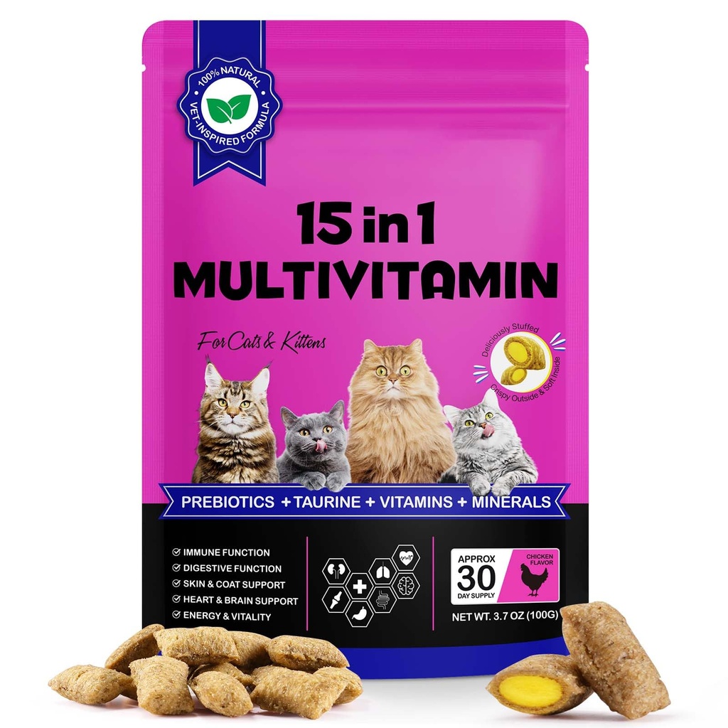 Cat Multivitamin Chews, Crunchy & Creamy Cat Treats, Daily Nutritional Support for Cats & Kittens, Skin & Coat Care, with Taurine, Chicken Flavor, 100g
