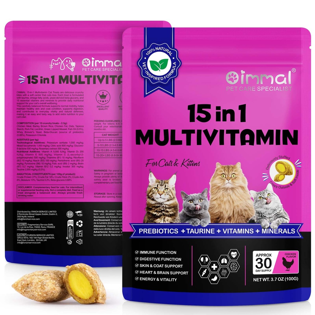 Cat Multivitamin Chews - Multivitamin Soft Chews for Cats, Cat Vitamin Supplements Support Immune Function & Digestive Function, Skin & Coat Health, Joint Support, Chicken Flavor - 100g / 30 Chews