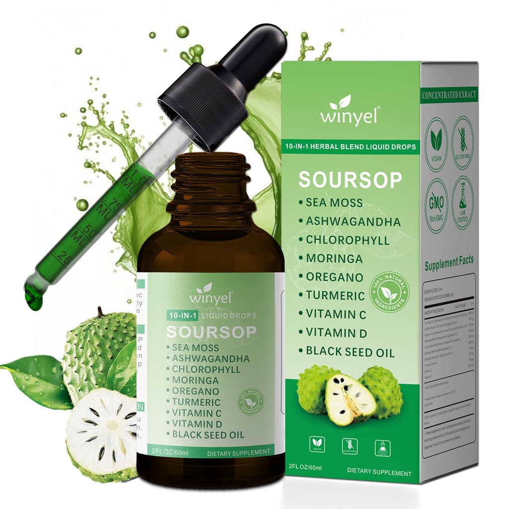 Soursop Bitters Liquid Drops 10-in-1 for Gut Cleanse, Detox & Immune Health - Soursop Graviola Supplement with Moringa, Turmeric, Black Seed Oil, Oregano, Ashwagandha