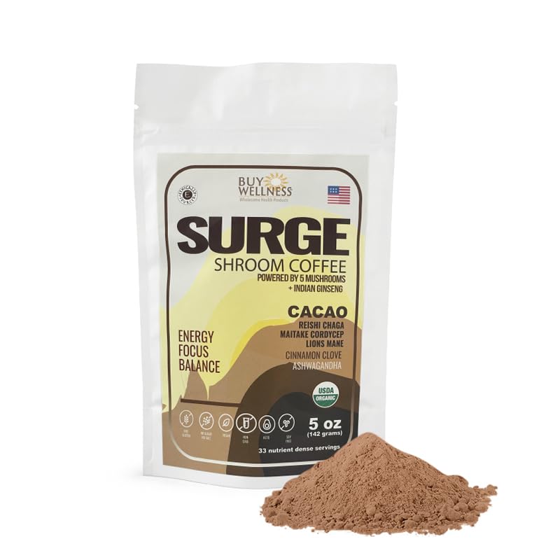 SURGE 5 Mushroom Cocoa Drink Reishi Maitaki Cordyceps Chaga Lion's Mane 65% Dark Cacao Ashwagandha Cinnamon Clove for Instant Focus + Adaptogens & Antioxidants Great Chocolate taste 33 Servings