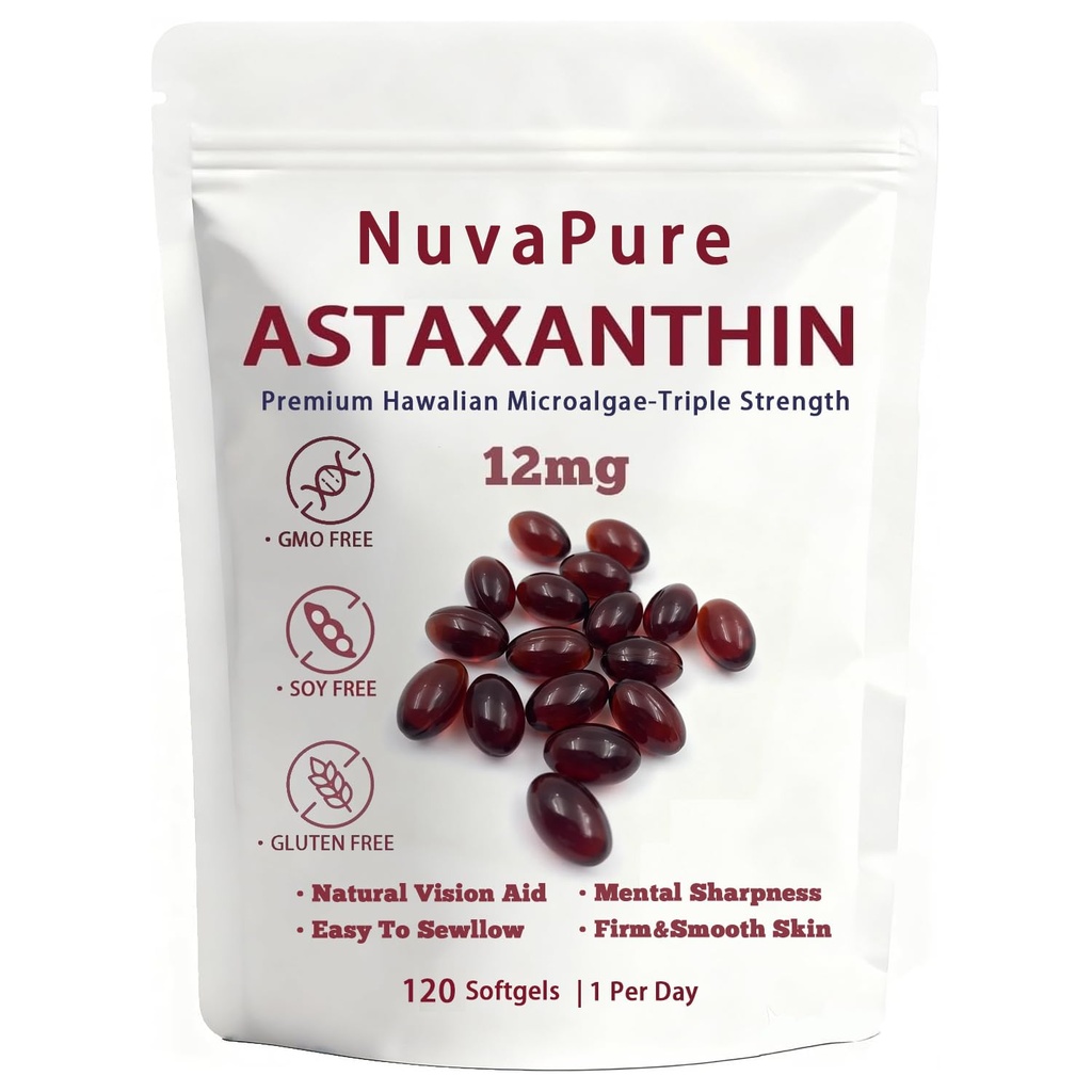 NuvaPure Astaxanthin with Mct Oil 12mg, Triple Strength Astaxanthin from Microalgae, Antioxidants Supplement, Support Daily Health 120 Softgels