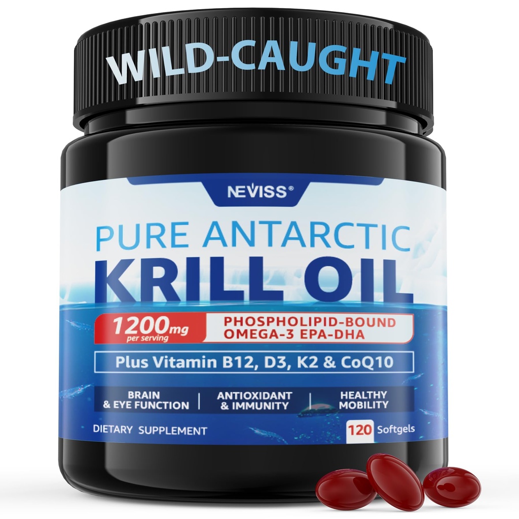 2 Pack Antarctic Krill Oil Omega 3 Softgels 1200mg (Made in USA) W/Phospholipids, Choline & Astaxanthin, Sustainably Sourced of Omega-3s EPA, DHA Support Brain, Antioxidant & Immunity, No Fish Burp