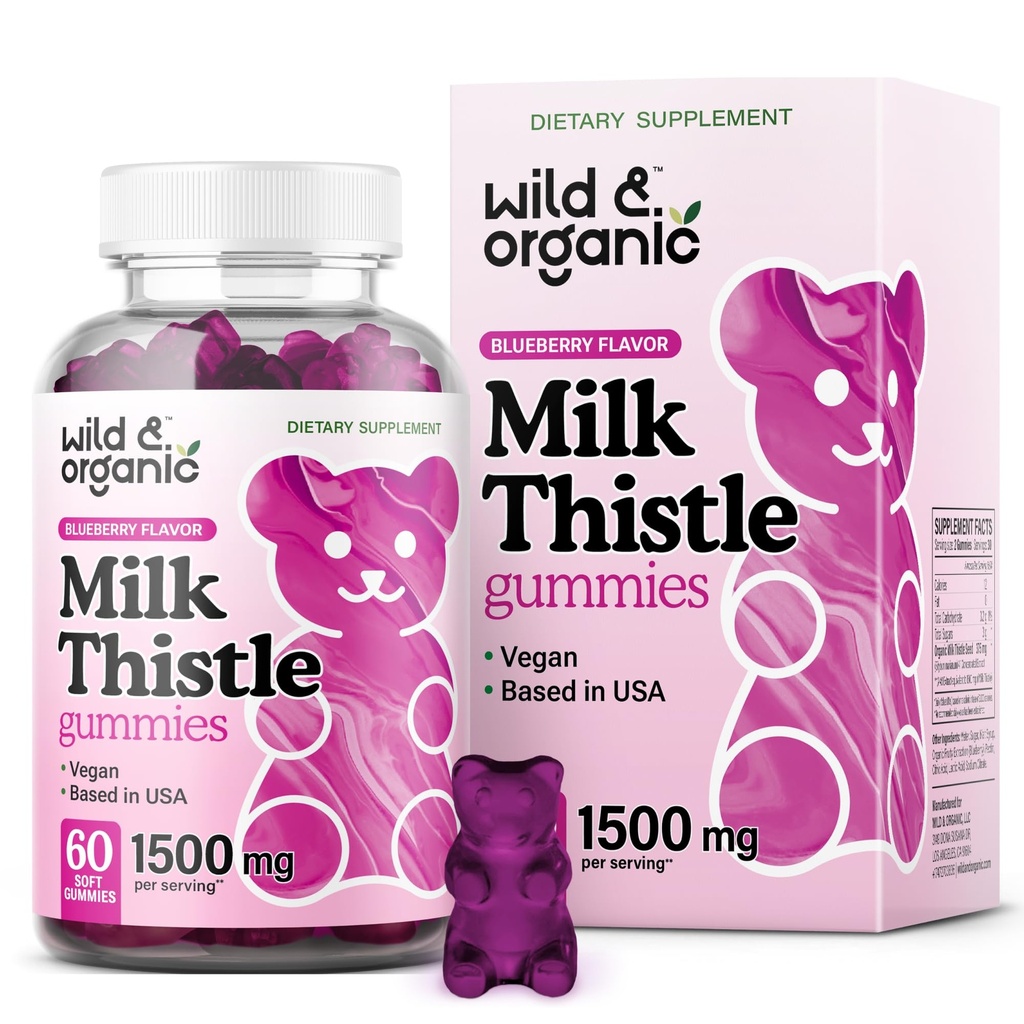 Wild & Organic Milk Thistle Gummies 1500 mg - Milk Thistle Supplement for Liver Cleanse Detox - Silymarin Liver Detox Gummies - 30 Days Supply - 60 Vegan, Non-GMO Chews