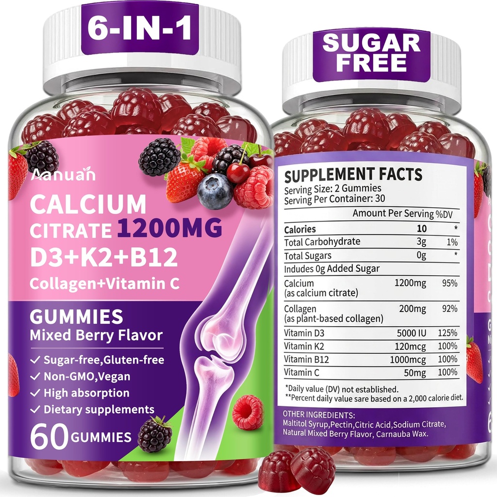 (2 Pack) Calcium Citrate 1200 mg Gummies with Collagen, Vitamin C D3 K2 B12 | Calcium Supplements For Women For Bone, Teeth & Muscle Healthy, High Absorption, Sugar Free, Vegan, Non-GMO, Berry Flavor
