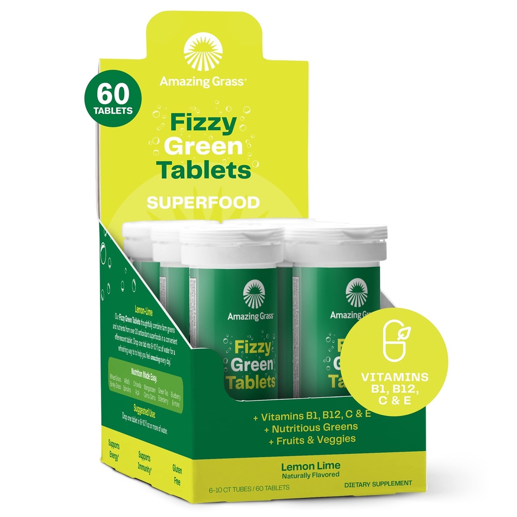 Amazing Grass Effervescent Tablets: Green Superfood Water Flavoring Tablet with Antioxidants & Alkalizing Greens, Lemon Lime, 60 Count (Pack of 6)