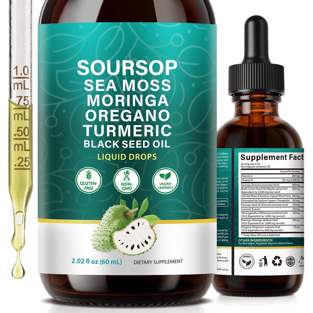 Soursop Bitters Liquid Drops, 10-in-1 with Sea Moss, Moringa, Turmeric, Black Seed Oil, Oregano, Ashwagandha Extract, Supports Immune & Digestive Wellness, Rich in Vitamin D& C, Vegan, 2 Fl Oz