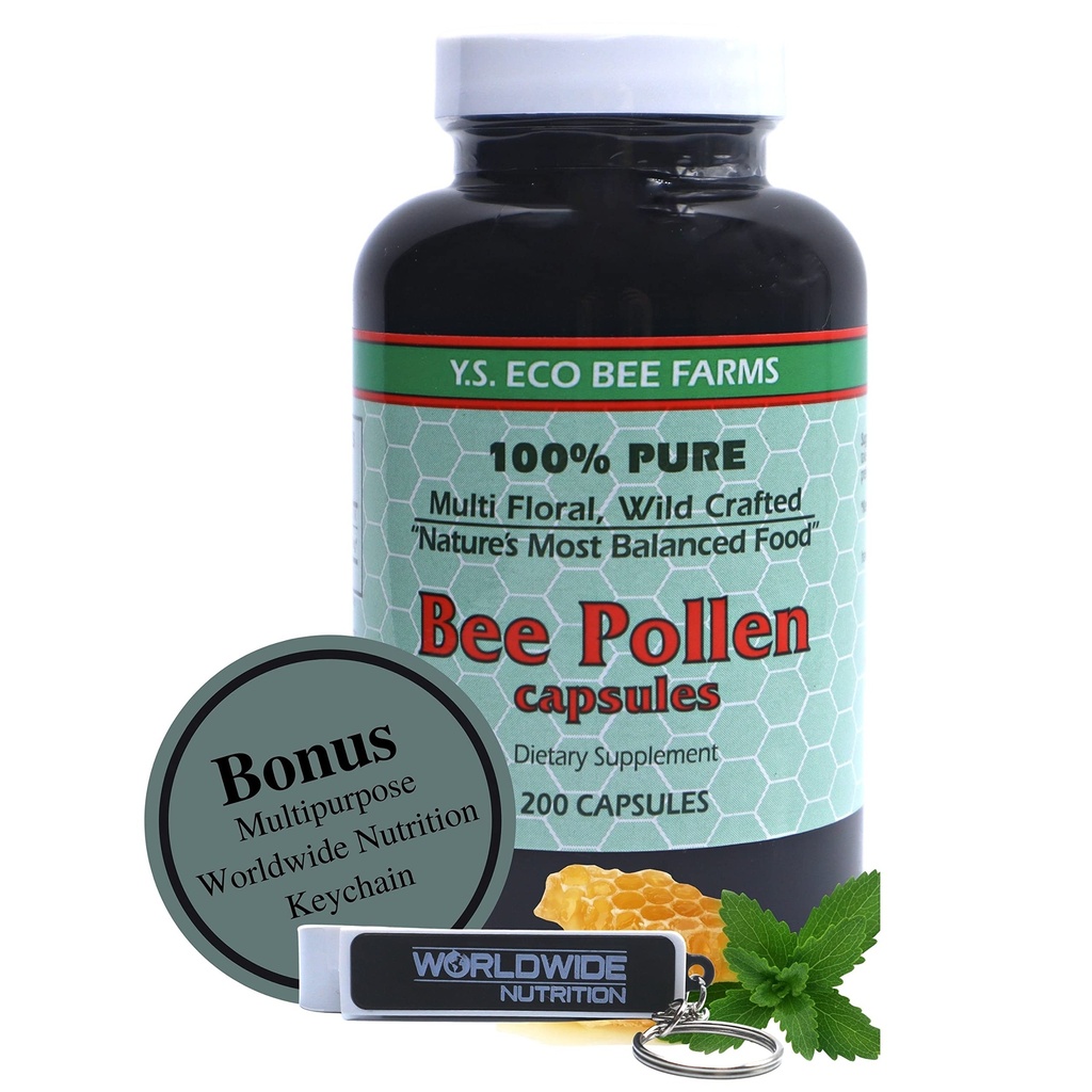 Y.S. Eco Bee Farms 100% Pure, Wild Crafted Bee Pollen Capsules - Organic Bee Pollen Vitamin Supplements Amino Acids, Organic Protein, Vitamin C, Vitamin B12 Gluten Free - 200ct with Bonus Key Chain