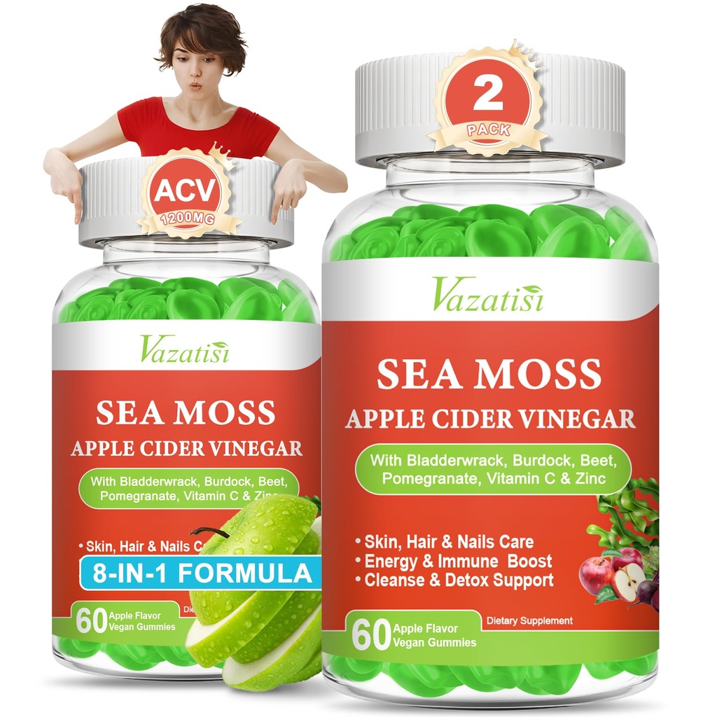 2 Pack Apple Cider Vinegar Gummies, ACV with Sea Moss Gummies for Metabolism, Digestion, Detox, Gut & Immune Health, Apple Flavored -120 Count